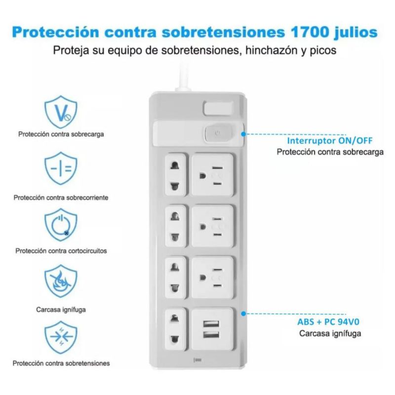 Regleta 7 Tomas 2 Puertos USB 2m Protección Sobrecarga Blanco