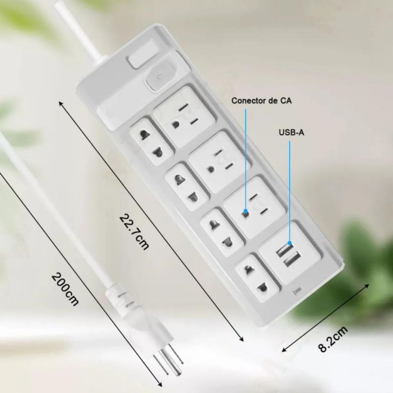 Regleta 7 Tomas 2 Puertos USB 2m Protección Sobrecarga Blanco