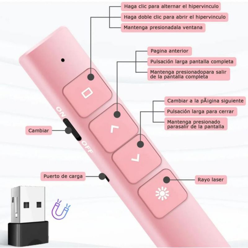 Apuntador Presentador Láser Inalámbrico Remoto USB Recargable Rosa