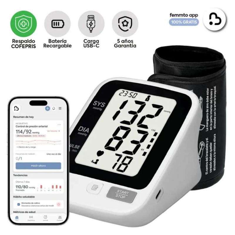 Baumanómetro Digital de Brazo Recargable USB para Monitorear Presión Arterial Blanco