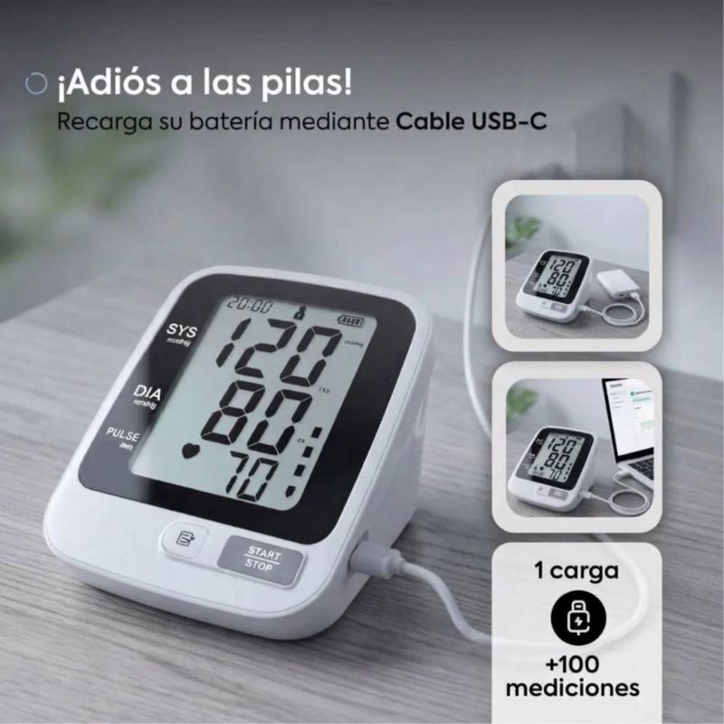 Baumanómetro Digital de Brazo Recargable USB para Monitorear Presión Arterial Blanco