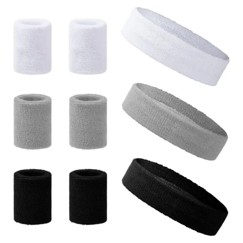 Diadema Elástica Banda Deportiva Cabeza Muñequera 9pzs Negro-Blanco-Gris