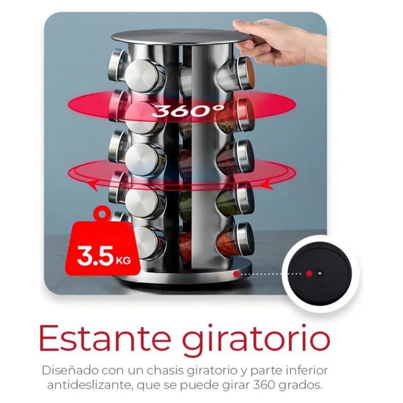 Especiero Giratorio Organizador de Especias y Condimentos 20 Tarros Vidrio Plateado