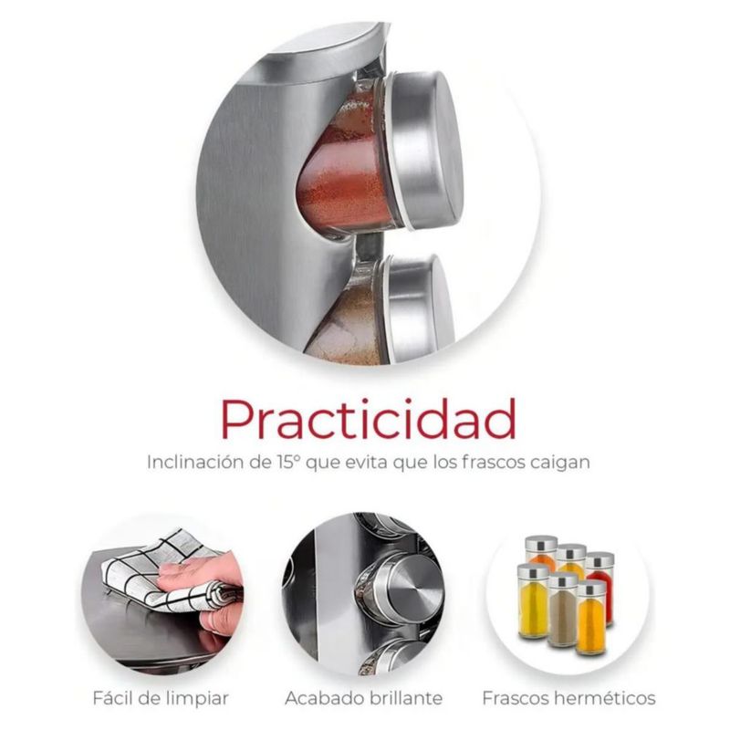 Especiero Giratorio Organizador de Especias y Condimentos 20 Tarros Vidrio Plateado