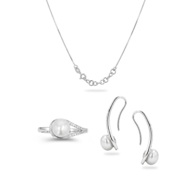 JUEGO DE ANILLO ARETES Y DIJE CON CADENA DE PLATA BLANCA 925 CON ZIRCONIAS Y PERLA JB-27JB1