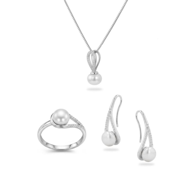 JUEGO DE ANILLO ARETES Y DIJE CON CADENA DE PLATA BLANCA 925 CON ZIRCONIAS Y PERLA JB-27JB1