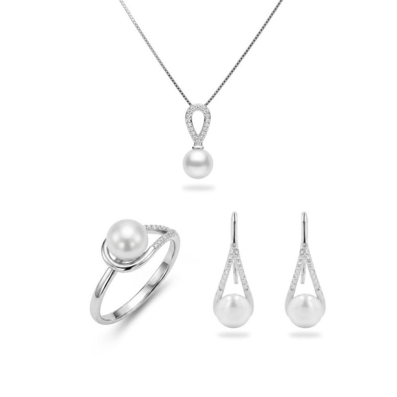 JUEGO DE ANILLO ARETES Y DIJE CON CADENA DE PLATA BLANCA 925 CON ZIRCONIAS Y PERLA JB-27JB1