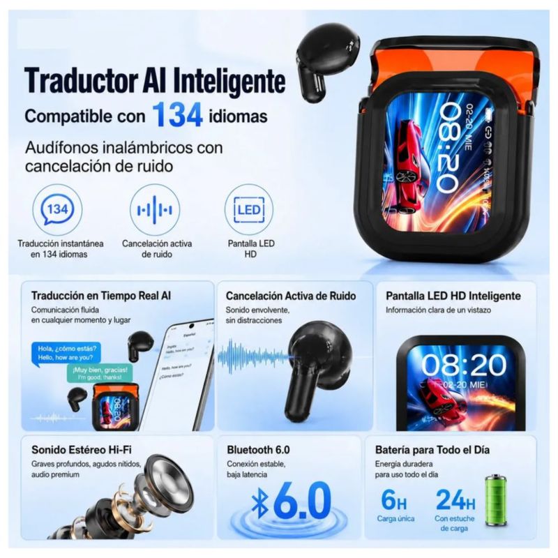 Audifonos In-ear Inalámbricos Bluetooth 6.0 Auriculares Color Negro/Naranja