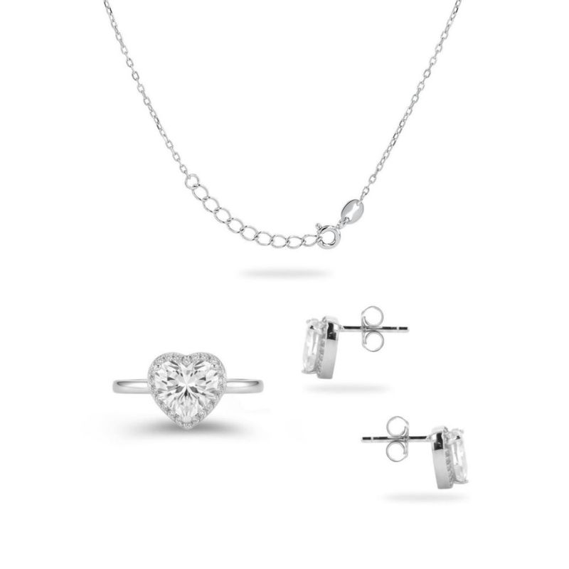 JUEGO DE ANILLO ARETES Y DIJE DE CORAZON CON CADENA PLATA BLANCA 925 CON ZIRCONIAS BLANCAS JB-21JB1