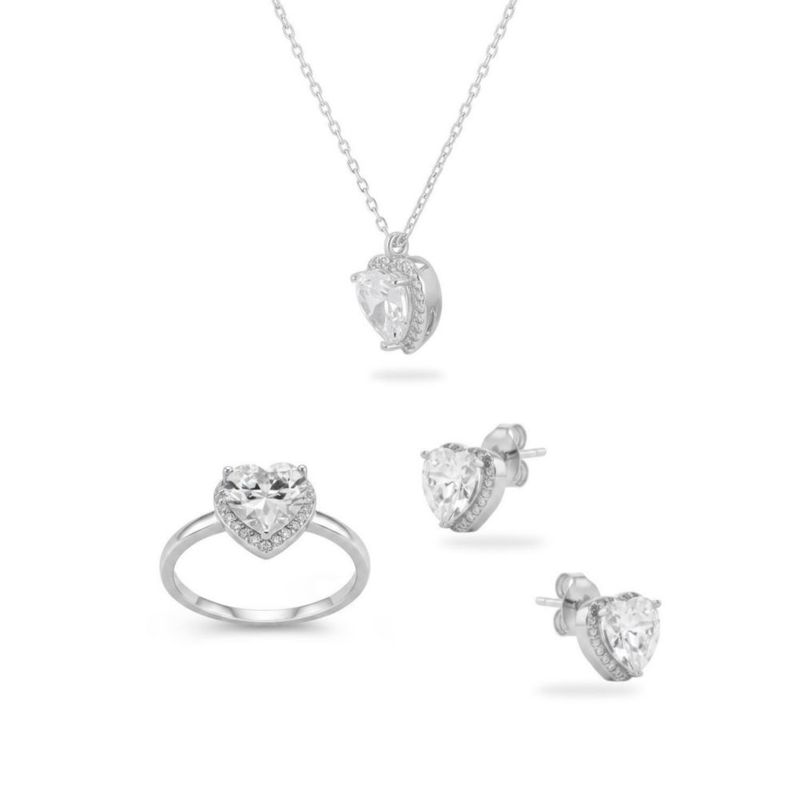 JUEGO DE ANILLO ARETES Y DIJE DE CORAZON CON CADENA PLATA BLANCA 925 CON ZIRCONIAS BLANCAS JB-21JB1