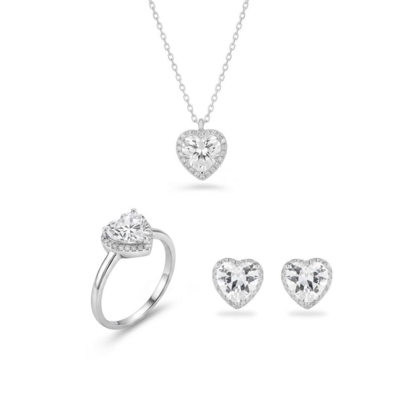 JUEGO DE ANILLO ARETES Y DIJE DE CORAZON CON CADENA PLATA BLANCA 925 CON ZIRCONIAS BLANCAS JB-21JB1