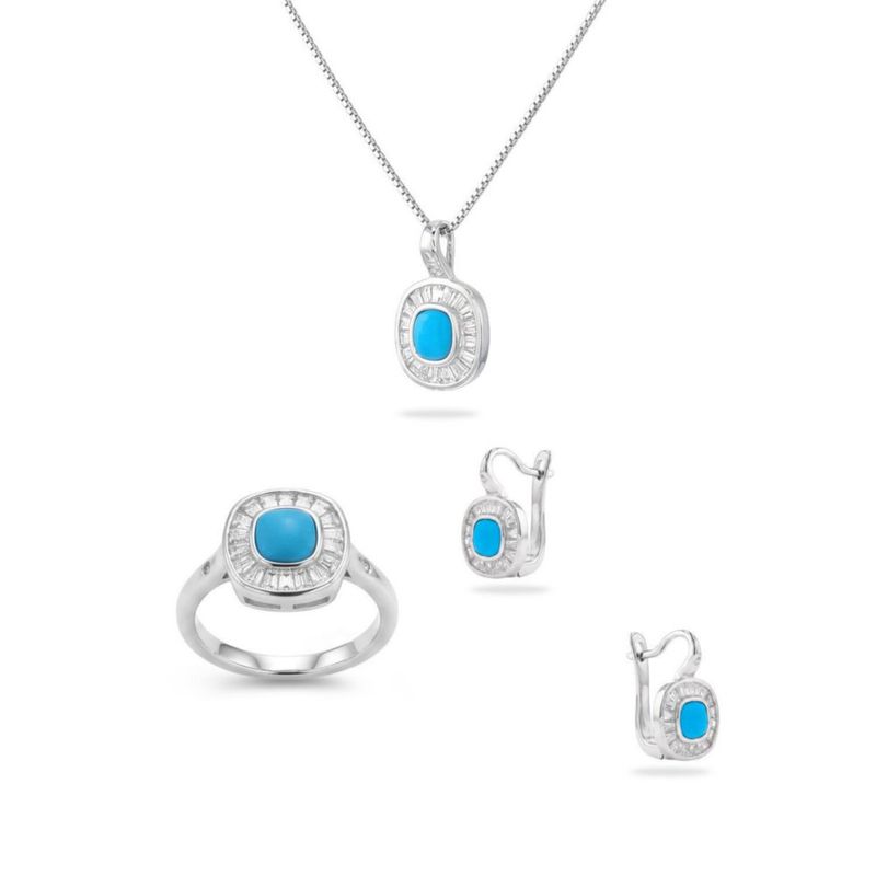 JUEGO DE ANILLLO ARRACADA Y DIJE CON CADENA DE PLATA BLANCA 925 CON TURQUESA Y ZIRCONIAS