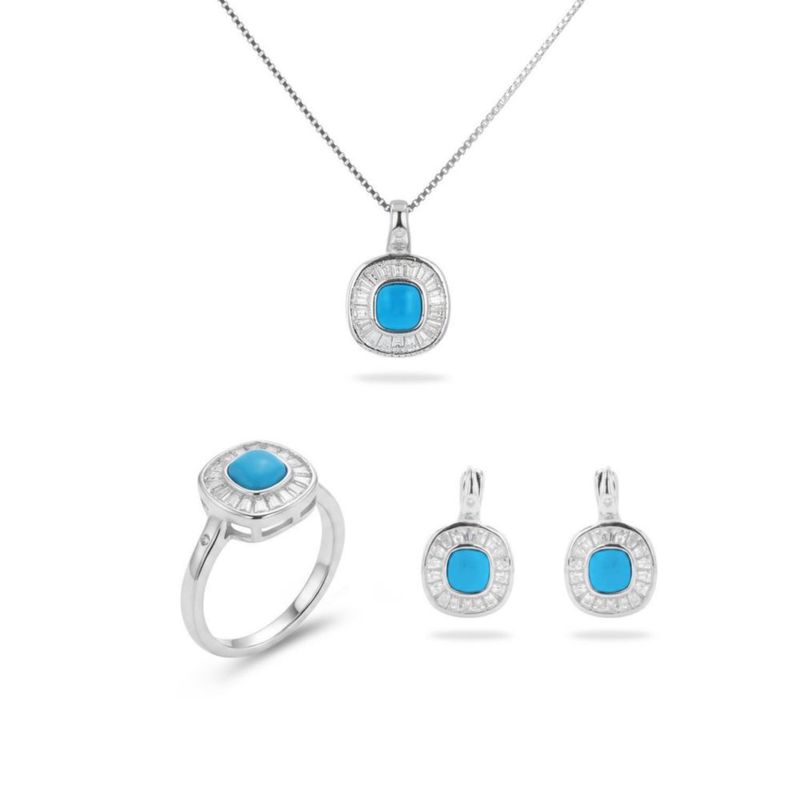 JUEGO DE ANILLLO ARRACADA Y DIJE CON CADENA DE PLATA BLANCA 925 CON TURQUESA Y ZIRCONIAS