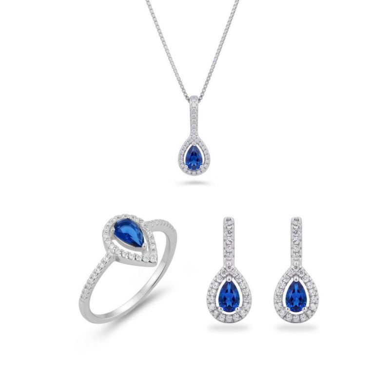 JUEGO DE ANILLO ARETES Y DIJE CON CADENA PLATA BLANCA 925 CON ZIRCONIAS BLANCAS Y AZULES JB-25JB1