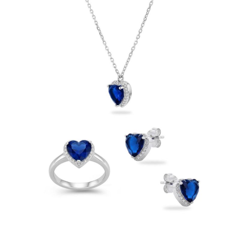 JUEGO DE ANILLO ARETES Y DIJE DE CORAZON CON CADENA PLATA BLANCA 925 CON ZIRCONIAS BLANCAS Y AZULES JB-20JB1