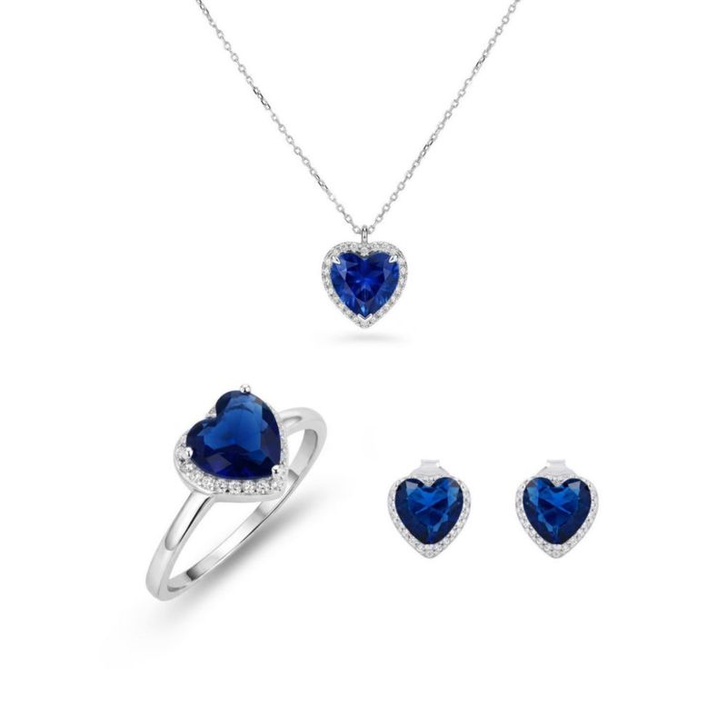 JUEGO DE ANILLO ARETES Y DIJE DE CORAZON CON CADENA PLATA BLANCA 925 CON ZIRCONIAS BLANCAS Y AZULES JB-20JB1