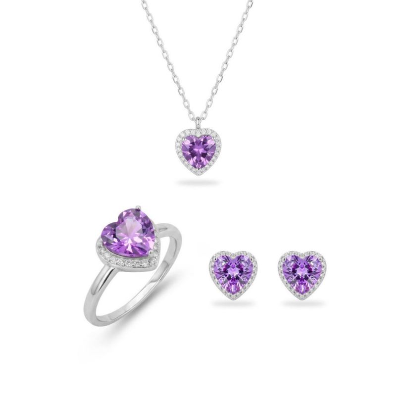 JUEGO DE ANILLO ARETES Y DIJE DE CORAZON CON CADENA PLATA BLANCA 925 CON ZIRCONIAS BLANCAS Y MORADAS JB-22JB1