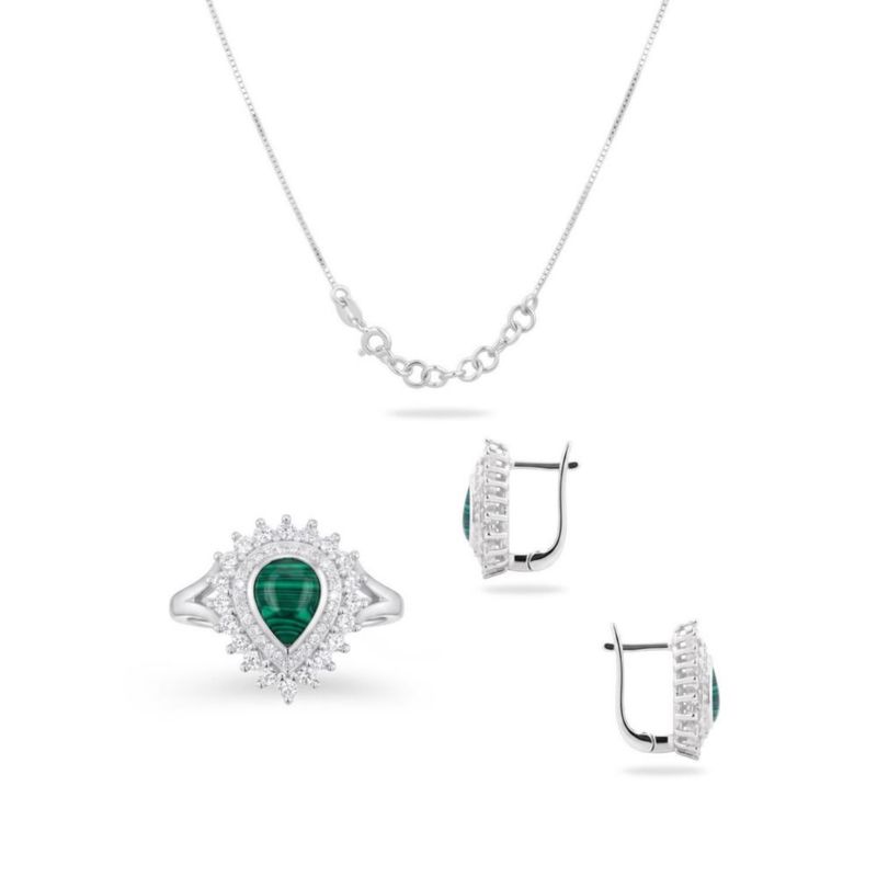 JUEGO DE ANILLO ARRACADAS Y DIJE CON CADENA DE PLATA BLANCA 925 CON MALAQUITA Y ZIRCONIAS JB-30JB1