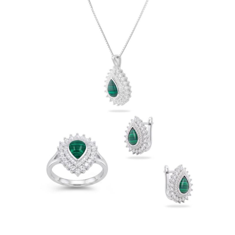 JUEGO DE ANILLO ARRACADAS Y DIJE CON CADENA DE PLATA BLANCA 925 CON MALAQUITA Y ZIRCONIAS JB-30JB1