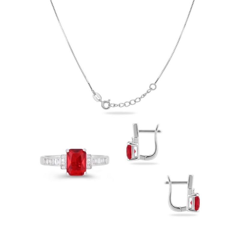 JUEGO DE ANILLO ARRACADAS Y DIJE CON CADENA DE PLATA 925 CON ZIRCONIAS BLANCAS Y ROJAS JB-38JB1