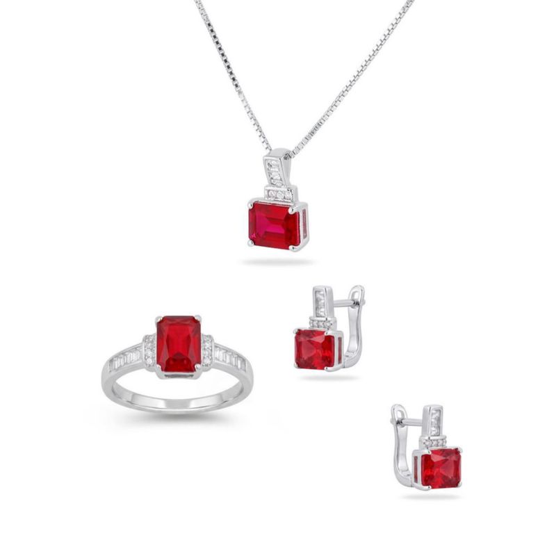JUEGO DE ANILLO ARRACADAS Y DIJE CON CADENA DE PLATA 925 CON ZIRCONIAS BLANCAS Y ROJAS JB-38JB1