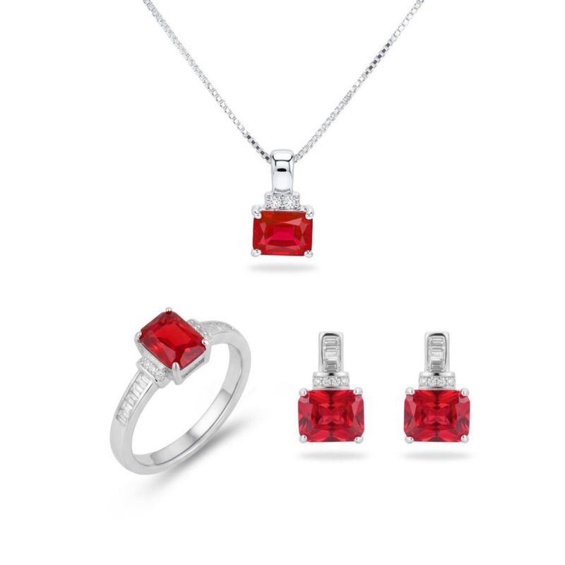 JUEGO DE ANILLO ARRACADAS Y DIJE CON CADENA DE PLATA 925 CON ZIRCONIAS BLANCAS Y ROJAS JB-38JB1