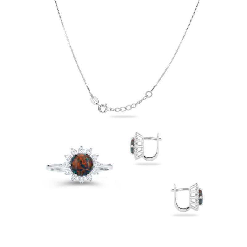 JUEGO DE ANILLO ARRACADAS Y DIJE  DE FLOR CON CADENA PLATA BLANCA 925 CON OPALO DE FUEGO Y ZIRCONIAS JB-35JB1