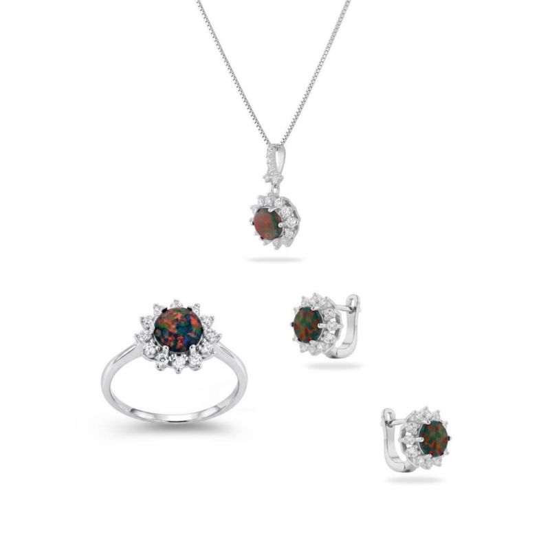 JUEGO DE ANILLO ARRACADAS Y DIJE  DE FLOR CON CADENA PLATA BLANCA 925 CON OPALO DE FUEGO Y ZIRCONIAS JB-35JB1