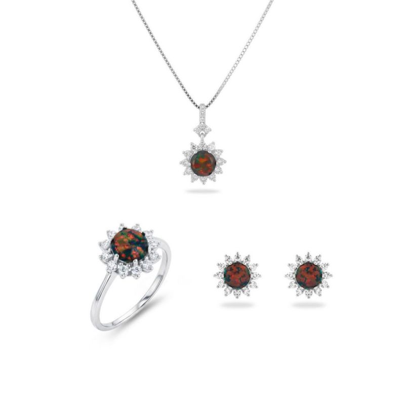 JUEGO DE ANILLO ARRACADAS Y DIJE  DE FLOR CON CADENA PLATA BLANCA 925 CON OPALO DE FUEGO Y ZIRCONIAS JB-35JB1