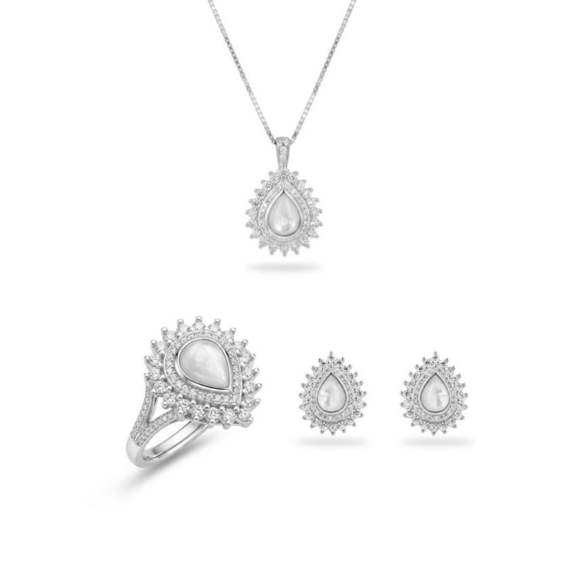 JUEGO DE ANILLO ARRACADAS Y DIJE CON CADENA DE PLATA BLANCA 925 CON ZIRCONIAS y NACAR JB-29JB1