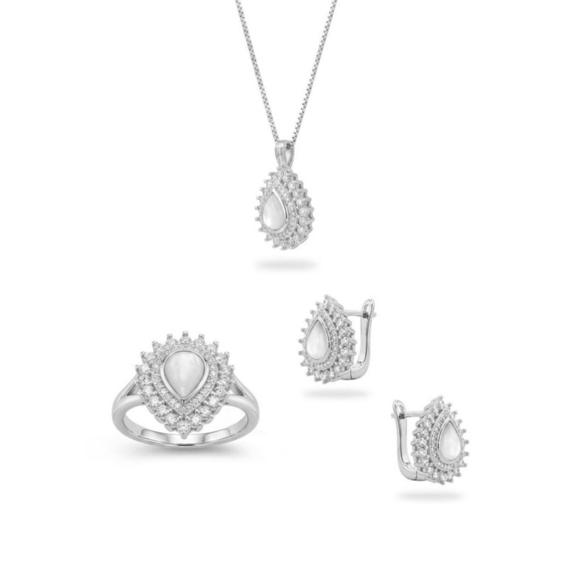JUEGO DE ANILLO ARRACADAS Y DIJE CON CADENA DE PLATA BLANCA 925 CON ZIRCONIAS y NACAR JB-29JB1