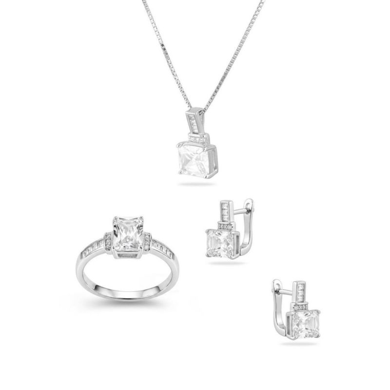JUEGO DE ANILLO ARRACADAS Y DIJE CON CADENA DE PLATA BLANCA 925 CON ZIRCONIAS JB-36JB1