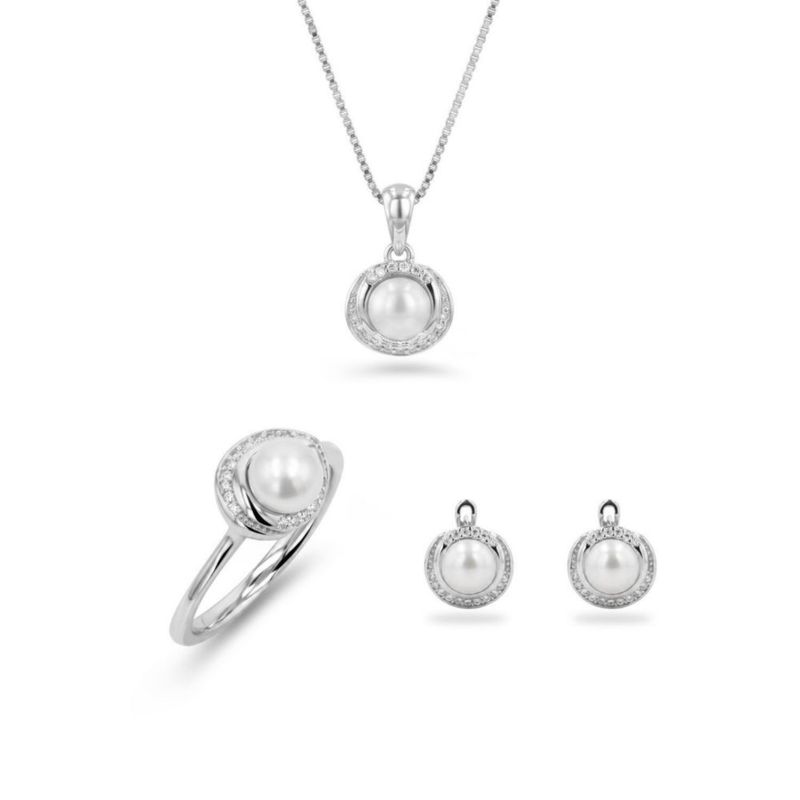 JUEGO DE ANILLO ARRACADAS Y DIJE CON CADENA PLATA BLANCA 925 CON ZIRCONIAS BLANCAS Y PERLA JB-18JB1