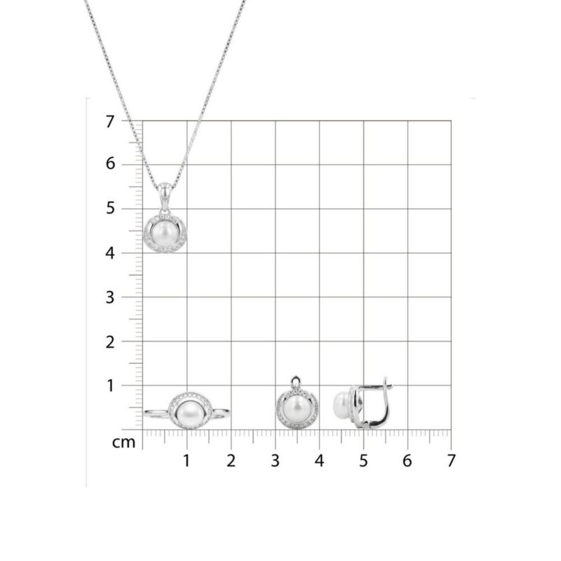 JUEGO DE ANILLO ARRACADAS Y DIJE CON CADENA PLATA BLANCA 925 CON ZIRCONIAS BLANCAS Y PERLA JB-18JB1