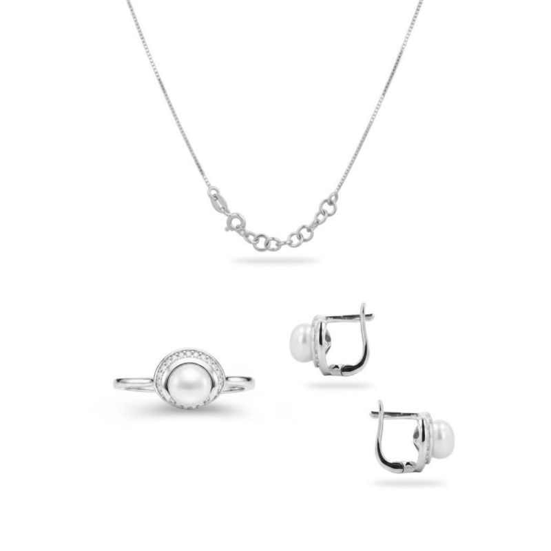 JUEGO DE ANILLO ARRACADAS Y DIJE CON CADENA PLATA BLANCA 925 CON ZIRCONIAS BLANCAS Y PERLA JB-18JB1