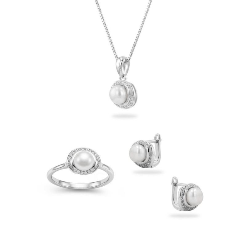 JUEGO DE ANILLO ARRACADAS Y DIJE CON CADENA PLATA BLANCA 925 CON ZIRCONIAS BLANCAS Y PERLA JB-18JB1