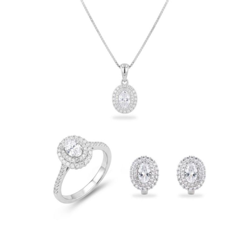 JUEGO DE ANILLO ARRACADAS Y DIJE CON CADENA PLATA BLANCA 925 CON ZIRCONIAS BLANCAS JB-17JB1