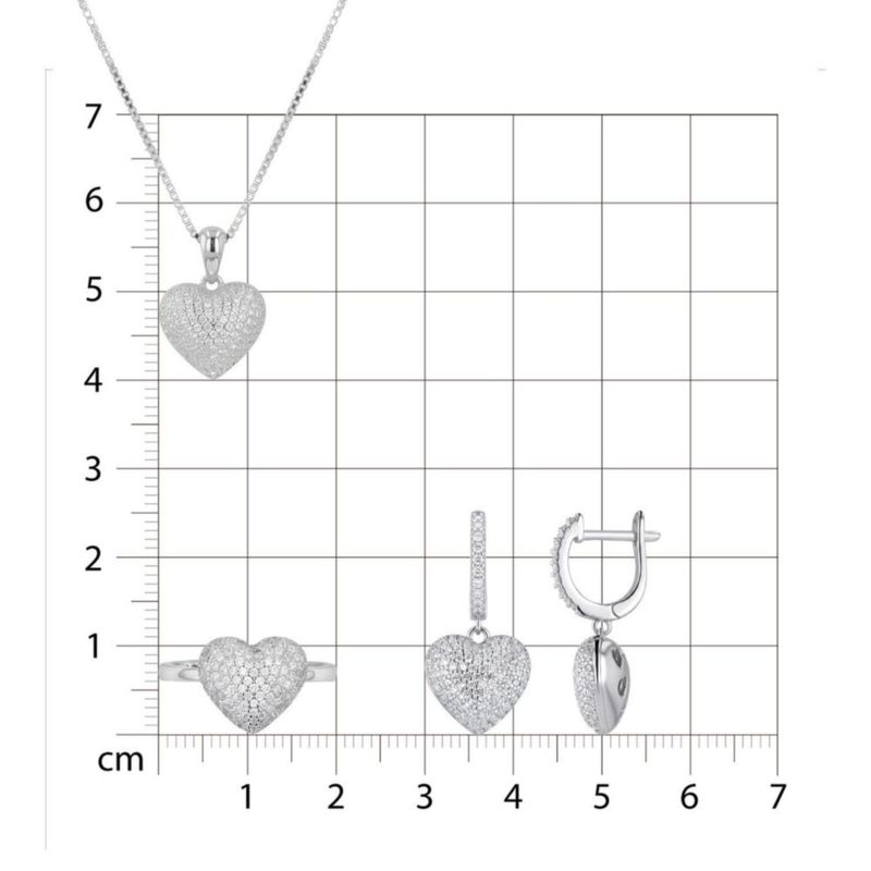 JUEGO DE ANILLO ARRACADAS Y DIJE DE CORAZON CON CADENA DE PLATA BLANCA 925 CON ZIRCONIAS JB-28JB1