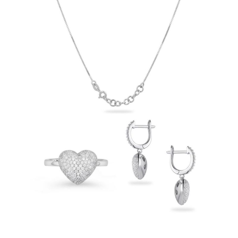 JUEGO DE ANILLO ARRACADAS Y DIJE DE CORAZON CON CADENA DE PLATA BLANCA 925 CON ZIRCONIAS JB-28JB1