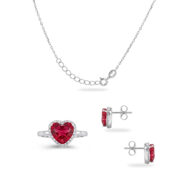 JUEGO DE ANILLO ARETES Y DIJE DE CORAZON CON CADENA PLATA BLANCA 925 CON ZIRCONIAS BLANCAS Y ROSAS JB-24JB1
