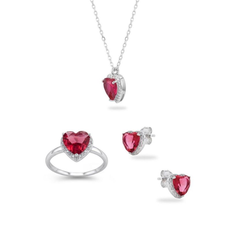 JUEGO DE ANILLO ARETES Y DIJE DE CORAZON CON CADENA PLATA BLANCA 925 CON ZIRCONIAS BLANCAS Y ROSAS JB-24JB1
