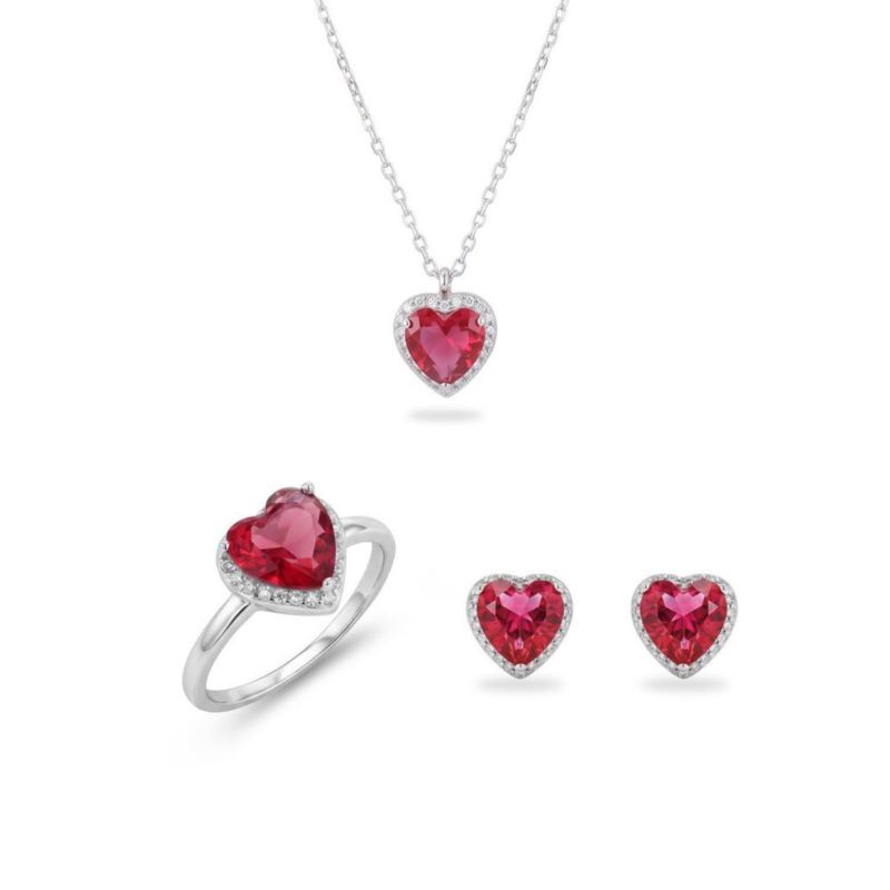 JUEGO DE ANILLO ARETES Y DIJE DE CORAZON CON CADENA PLATA BLANCA 925 CON ZIRCONIAS BLANCAS Y ROSAS JB-24JB1