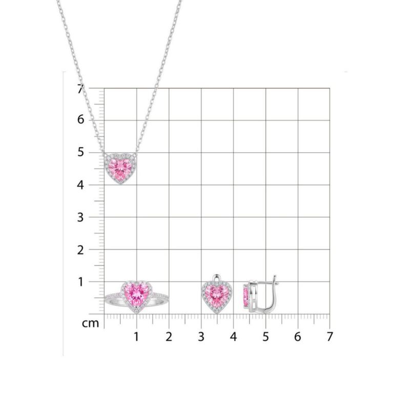 JUEGO DE ANILLO ARRACADAS Y DIJE DE CORAZON CON CADENA PLATA BLANCA 925 CON ZIRCONIAS BLANCAS Y ROSAS JB-19JB1