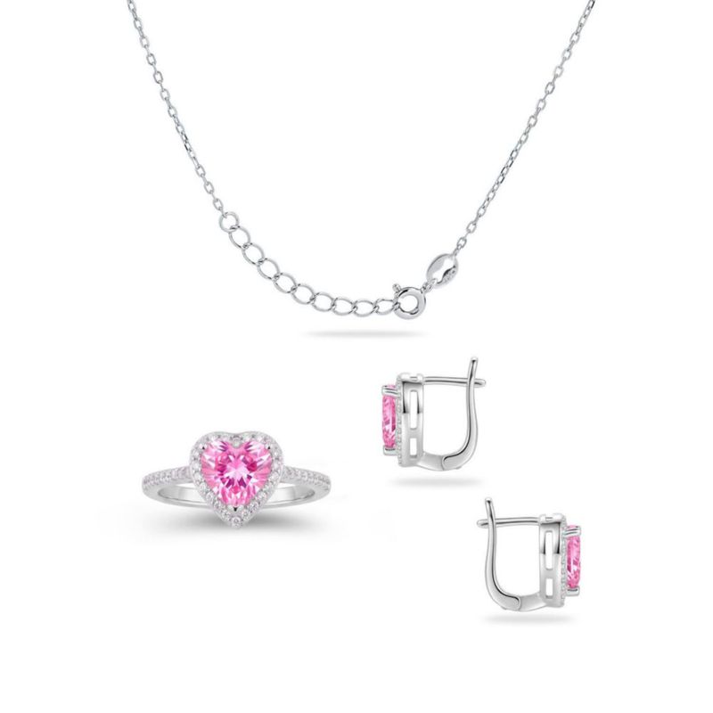 JUEGO DE ANILLO ARRACADAS Y DIJE DE CORAZON CON CADENA PLATA BLANCA 925 CON ZIRCONIAS BLANCAS Y ROSAS JB-19JB1