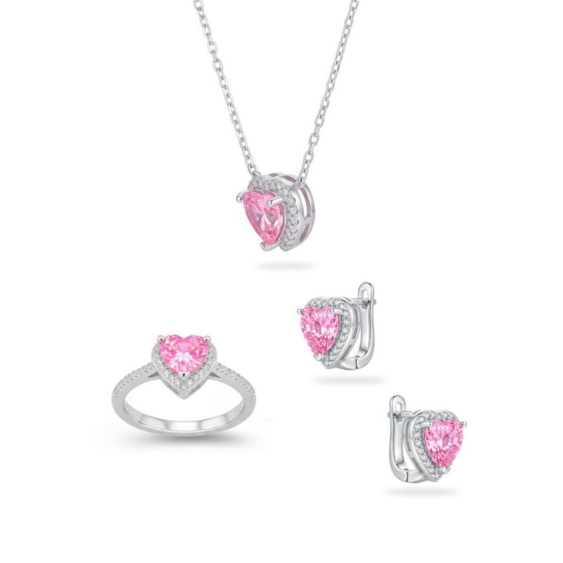 JUEGO DE ANILLO ARRACADAS Y DIJE DE CORAZON CON CADENA PLATA BLANCA 925 CON ZIRCONIAS BLANCAS Y ROSAS JB-19JB1