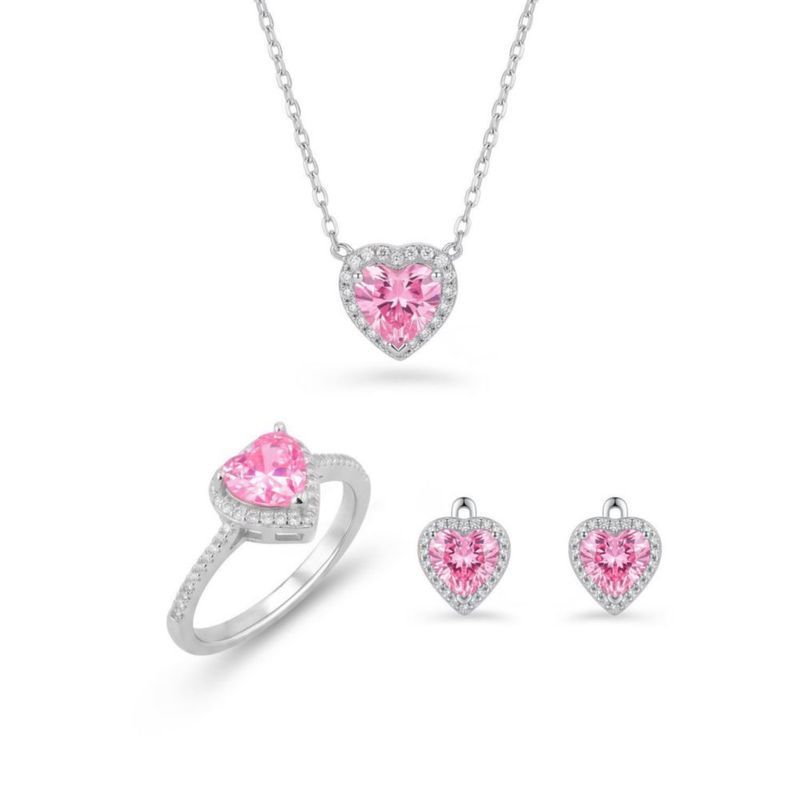 JUEGO DE ANILLO ARRACADAS Y DIJE DE CORAZON CON CADENA PLATA BLANCA 925 CON ZIRCONIAS BLANCAS Y ROSAS JB-19JB1