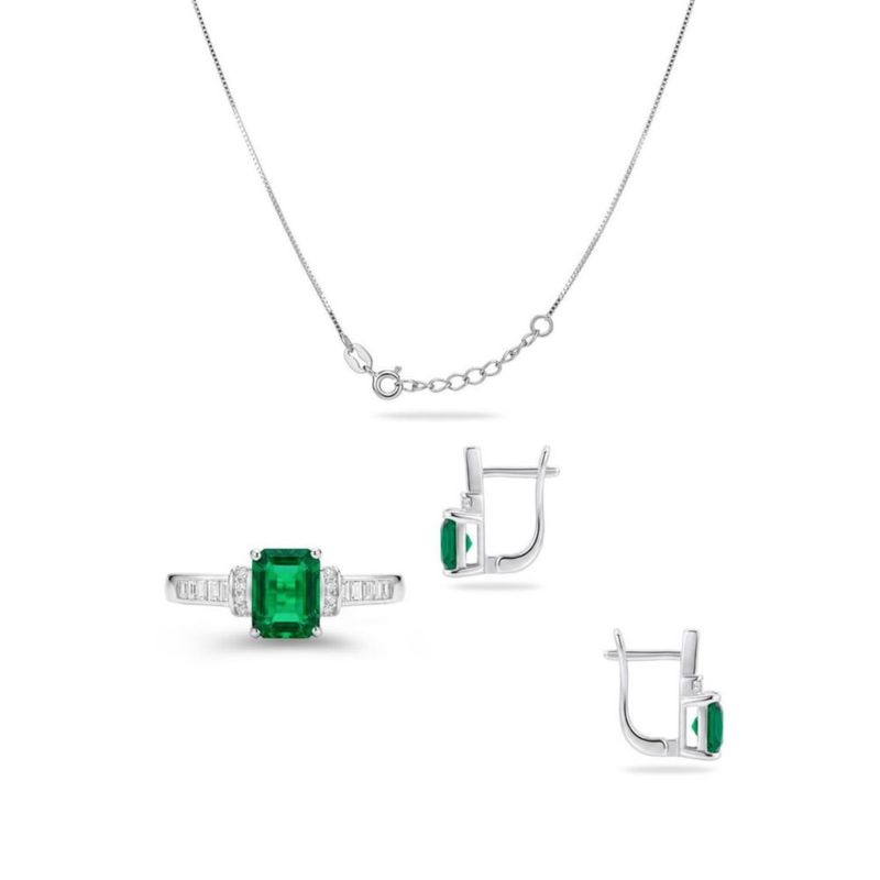 JUEGO DE ANILLO ARRACADAS Y DIJE CON CADENA DE PLATA 925 CON ZIRCONIAS BLANCAS Y VERDES JB-37JB1