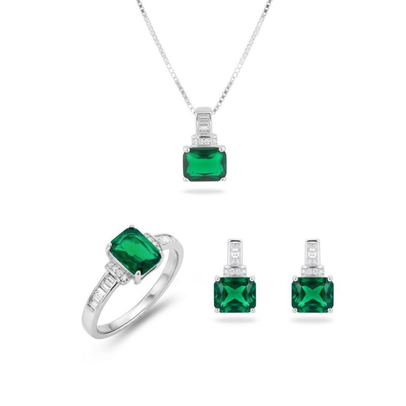 JUEGO DE ANILLO ARRACADAS Y DIJE CON CADENA DE PLATA 925 CON ZIRCONIAS BLANCAS Y VERDES JB-37JB1