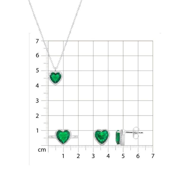 JUEGO DE ANILLO ARETES Y DIJE DE CORAZON CON CADENA PLATA BLANCA 925 CON ZIRCONIAS BLANCAS Y VERDES JB-23JB1