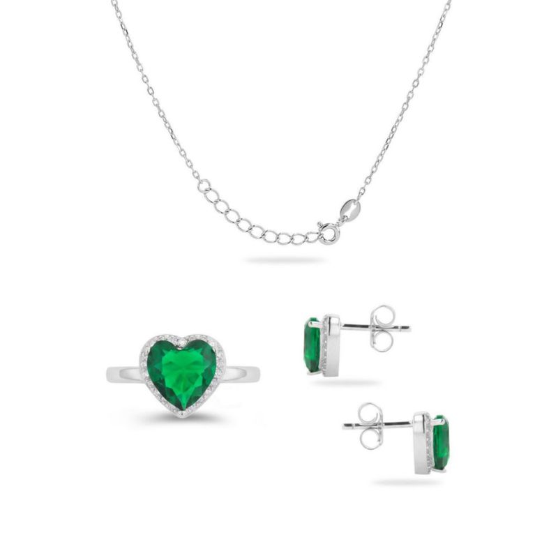 JUEGO DE ANILLO ARETES Y DIJE DE CORAZON CON CADENA PLATA BLANCA 925 CON ZIRCONIAS BLANCAS Y VERDES JB-23JB1